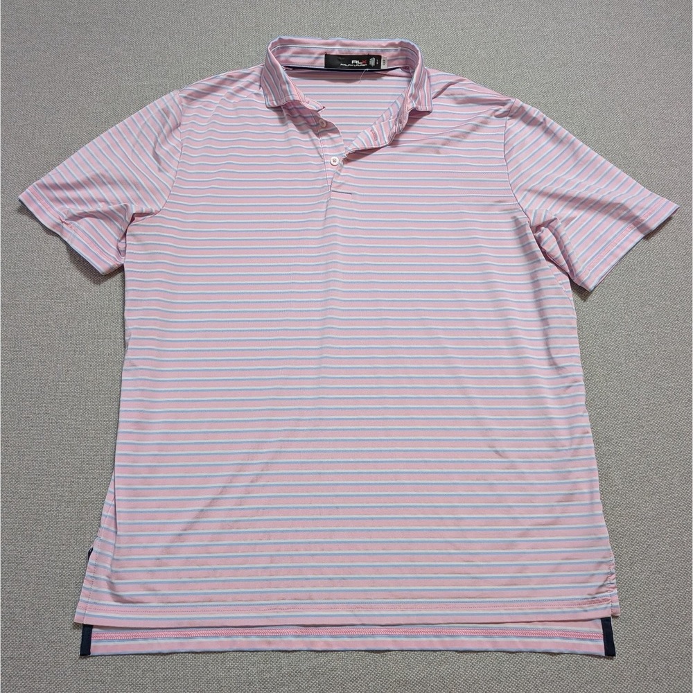 RLX Ralph Lauren Men's Large Polo Shirt Pink Blue White Striped Performance Golf